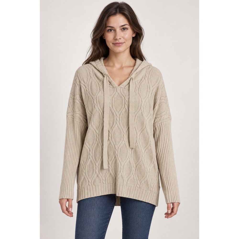 Fate Womens 2XL Ivory Cable Knit Hooded Sweater V Neck Relaxed Pullover Long Sle